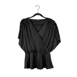 Express V Neck V Cut Peplum Short Sleeve Blouse Sequin Shimmer Decorative Small